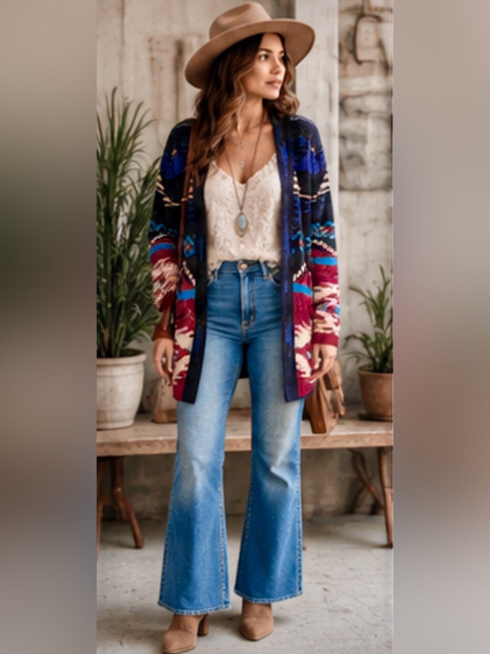 Open-Front Aztec Pattern Knit Cardigan Sweater